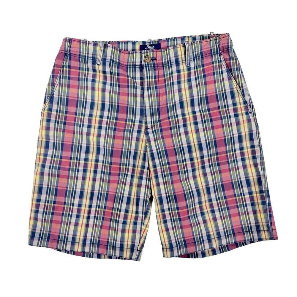 GH Bass Mens Plaid Shorts 34 Multi Color Cotton Madras Flat Front Summer Casual